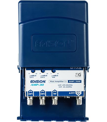 Amplificateur Antenne TV Avec Filtre 5G/LTE – Gain Réglable Jusqu’à 40 DB – 2 Entrées UHF + 1 VHF – Pour Extérieur