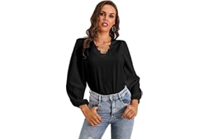 BCENOILUA Bluzka damska z dekoltem w kształcie litery V, rękawy lampiony, łańcuszek, seksowna moda, elegancka koszulka z długim rękawem