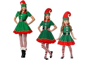 SPRINGCMY Women Men Kid Christmas Elf Cosplay Costume Short Sleeve Santa Dress+ Pants+Leg Warmer+Hat+ Belt Xmas Costume