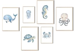 MeinBaby123® Lot de 6 images du monde sous-marin pour chambre d'enfant - Format A4 et DIN A5 - Baleine, tortue, méduse - Décoration pour chambre d'enfant - Cadeau de naissance (monde sous-marin V5)