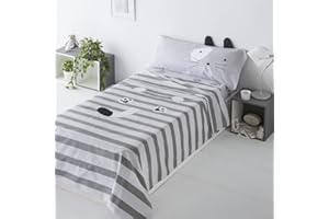 COTTON ARTean Juego de sabanas Infantil/Juvenil Gato 50% algodón 50% Poliester Multicolor. Juego de Cama 90 x 190/200. Incluye encimera + Sabana Bajera Ajustable + 1 Funda de Almohada. Color Gris