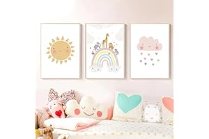 Ueiwffzo Bilder Kinderzimmer Mädchen, 3er Set Boho Regenbogen Sonne Wolke Leinwand Wandposter, Ohne Rahmen (30x40cm)