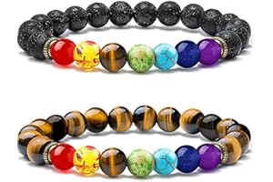 SENIDEA Lot de 2 Pièces Bracelet 7 Chakras pour Femme Homme Bracelet Naturelles Pierres de Lave Bracelet Oeil de Tigre Yoga Bracelets Élastique Bracelet Naturelle Perles en 8mm