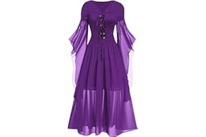 AZISEN Abito Gotico Donna, Vestito Halloween Donna Costume di Halloween Vestiti Medievali Off Shoulder Pizzo Trompeta Manica Abiti Vestiti di Halloween Abito Lungo Donna Elegante Abito Medievale Retrò