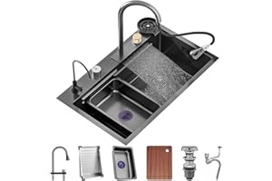 GMTSTORE Fregadero de Cascada de un Solo tazón Fregadero de Cocina de Acero Inoxidable Fregadero de estación de Trabajo con Nano Revestimiento con Grifo extraíble y arandela de Taza