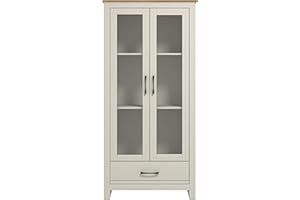 Galano Limestone Display Cabinet with Glass - 3 Tier Large Tall Storage Cabinet with Drawer - Glass Wooden Storage with Shelves - Storage Display Unit for Office, Living Room Furniture (Light Grey)