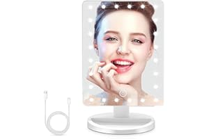 EAAERR Specchio per il Trucco Illuminato a LED con 22 Luci - LED Specchio per il Trucco da Tavolo 360 Rotazione Touch Screen Specchio Trucco Portabile, Batteria e USB Alimentati（bianca）