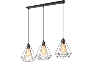 iDEGU Lámparas Colgante Vintage 3 Luces, Lámparas de Techo Industrial Metal Iluminación de Techo E27 en Estilo Jaula Geométrica, Negro, 20cm (3 Luces Barra)