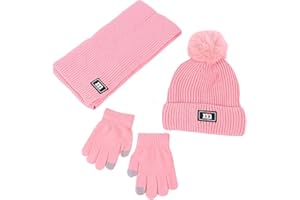 NautySaurs Jungen Mädchen Mütze Schal und Handschuhe Set Winter Thermo Strick Häkelmütze Bommelmütze Fleece Gefüttert Beanie für Kinder im Alter von 2-8 Jahren