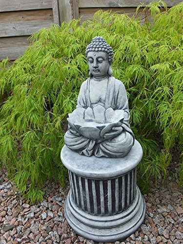 Stein BUDDHA mit Lotosblüte Pflanztopf Feng-Shui Steinfigur grau / Patiniert massiv Skulptur Garten Deko Frostfrei 30 cm - 3