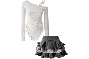 GOOLECRIMP Ensemble Deux Jupes pour Filles Ourlet irrégulier Robes Lolita Bouffantes t-Shirt sans Bretelles Chemisier Gothique Y2K Micro Jupe à Volants Kawaii