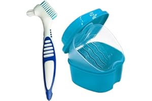 BLLREMIPSUR Denture Case, Denture Cup with Strainer Denture Bath Box with Cleaning Brush (Random Color), Deture Bath for Retainer Cleaning (Blue)
