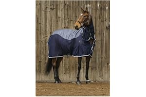 EQUITHÈME - Regen- & Fliegendecke mit Halsteil 420D | Pferdedecke mit Mesh, Kreuzgurten, Beinschnüren & Schweiflatz | wasserdichte Regendecke in Marineblau | Outdoordecke für Pferde | 165cm