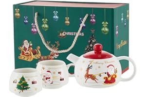 EPLZE YBK Tech - Teiera creativa per 2 persone, teiera in ceramica e 2 tazze, serie natalizia (bianco + rosso)