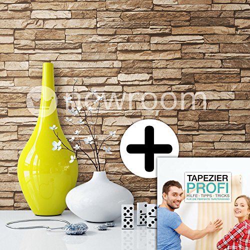 Steintapete Vlies Braun Beige | schöne edle Tapete im Steinmauer Design | moderne 3D Optik für Wohnzimmer, Schlafzimmer oder Küche inklusive NewroomTapezier-Profibroschüre, mit Tipps für perfekteWände