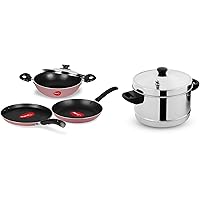 Pigeon by Stovekraft Basics Aluminium Non-Stick Cookware Set, Set of 3 (with one lid), Pink & Pigeon - 4 - Plates Idly…