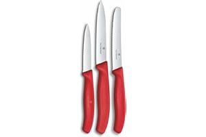 Victorinox Swiss Classic Set de couteaux de cuisine, 3 pièces, Couteau à légumes, à tomates et à petit déjeuner, Manche plastique robuste, Acier inoxydable, Rouge
