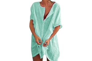 Sfit Damen Strandkleid Bikini Cover Up mit Rund Ausschnitt Knopfleiste Kurzarm Beach Strandponcho Pareos Sommerkleid Locker Bademode Strandtunika Vertuschen Shirt für Urlaub