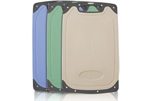 BOCHION Plastic Cutting Board Set, 3 Pcs, BPA Free, Non-Slip Feet, Deep Drip Juice Groove, Garlic Grinding Groove, Colored, Large, Elegant