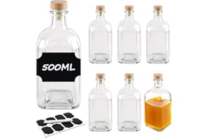 BLIENKREBY 6x Bottiglie Vetro 500ml con Tappo in Sughero, Bottigliette di Vetro Piccole 500ml, 8 Etichette e Penna, Bottiglie Vetro per Liquore, Olio, Birra & Vino