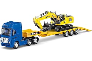 Mostop 1:50 Maßstab Alloy Tieflader mit Bagger, Metall Baufahrzeug Modelle Spielzeug für 3 4 5 6 Jahre alte Kinder Jungen Mädchen (Blue)