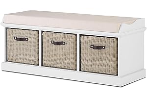 Tetbury Furniture white storage bench with brown baskets and cushion