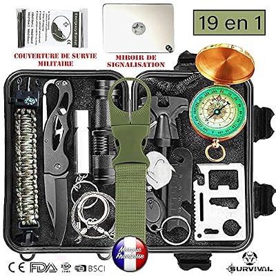 BIOHEALTH PARIS Kit de survie d'urgence Multi outils de survie professionnelle de Secours 19 en 1 Avec Couteau de Survie, Lampe de Poche, Allume Feu, Boussole, Couverture de Survie, Sifflet de Survie, Trousse de survie d'urgence Survival pour professionne…