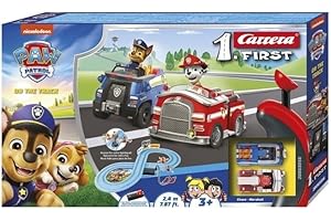 Carrera First Paw Patrol on The Track - Circuit de Jeu avec Chase & Marshall, régulateur Manuel adapté aux Enfants, Distance de 2,4 m et éléments interactifs - pour Petits Jeux de Course et Aventures