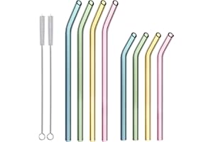 HONZUEN 8 Paille en Verre Réutilisables avec 2 Brosses de Nettoyage, Courbées Pailles Colorées en Verre Écologiques, Biodégradables, Sans BPA pour Milkshake Cocktails - 4 Longues et 4 Courtes Pailles