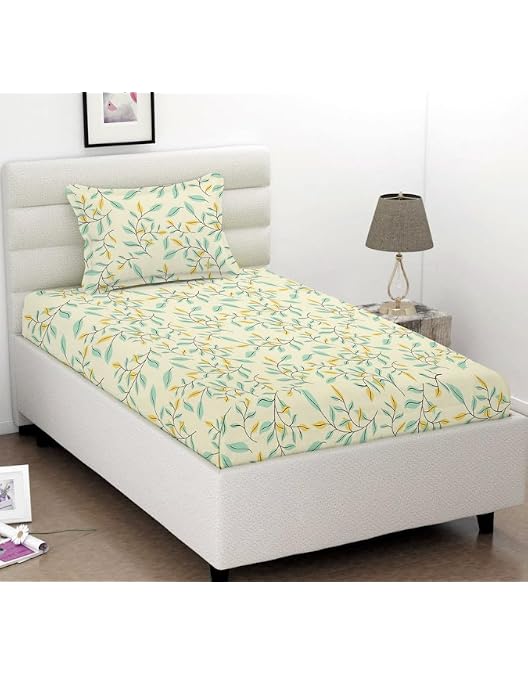 Single Bed Sheet Set - 180TC Glace Cotton, 90x60 Inch Bedsheet + 1 Pillow Cover, Floral Green & Yellow - View #4