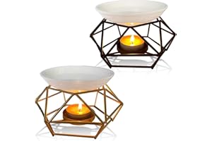 GOMETY Juego de 2 lámparas aromáticas de metal y cerámica, quemador de aroma de vela, lámpara de cera aromática con soporte para velas de té, de hierro, para decoración del hogar, estilo rombo,