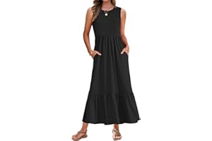 AUSELILY Sommerkleid Damen Lang Ärmelloses Maxikleid Damen Sommer Strandkleid Lange Rundhals Tank Top Kleider Leicht und Luftig mit Taschen Elastischer Taille