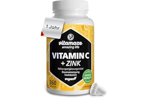‎VITAMAZE - AMAZING LIFE Vitamin C hochdosiert 1000 mg + Zink, 360 Tabletten für 1 Jahr, vegan & optimal bioverfügbar, Natürliche Nahrungsergänzung ohne unnötige Zusatzstoffe, Made in Germany
