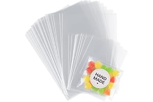 Anstore 200 przezroczystych torebek celofanowych z celofanu, przezroczyste torebki na małe urodziny dziecka, prezenty dla gości, torebki celofanowe, słodycze, cukierki, OPP, torebki na prezenty, ciasteczka z 200 naklejkami