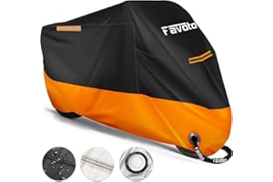 Favoto Funda para Moto Cubierta de Moto 210D Impermeable Protectora con Banda Reflectante a Prueba de Sol Lluvia Polvo Viento Nieve Excremento de Pájaro al Aire Libre, 265x105x125cm Negro+Naranja