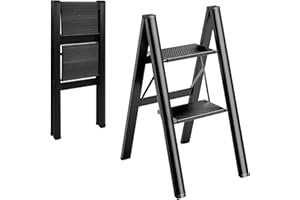 BQKOZFIN Escalera plegable de 2 peldaños, de aluminio, antideslizante, soporta hasta 110 kg, color negro