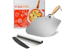 LONGYI Pizza Peel 12 Inch X 14 Inch, Pizza Cutter and Slicer, Aluminum Metal Pizza Paddle with Foldable Wooden Handle,Non-Stick Design, for Homemade Baking Pizza, Cake, Dough, Bread & Pastry