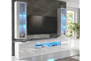 Furneo ArtClif8 – High Gloss & Matt White Living Room Set, TV Stand and Display Cabinets, Blue LED Lights