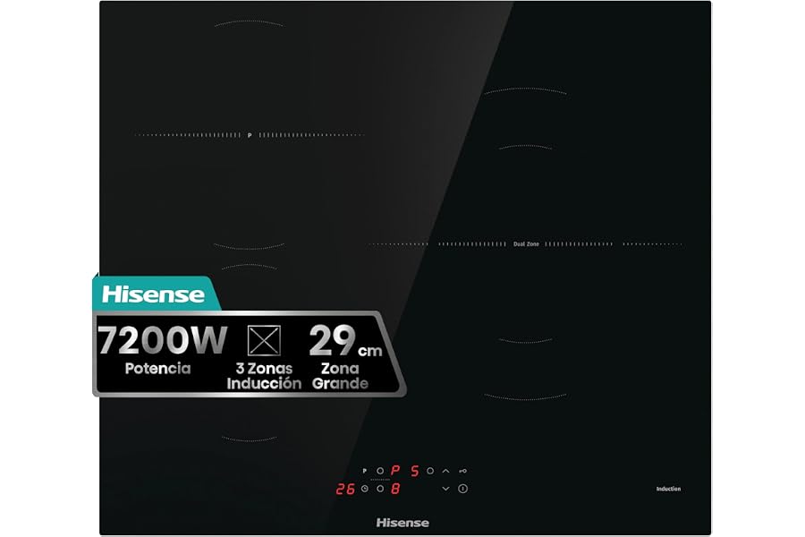 Hisense HI6311BSCE - Placa Induccion, 29 cm, Vitroceramica, 3 Fuegos, 7200W, Calentamiento Rápido Power Boost, Contol Táctil,