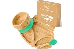 bamboo bamboo Baby Plate & Bowl Weaning Set with Secure Suction for Feeding and Weaning, Bamboo Fox Plate, Toddler Bowl & Baby Spoon, Suction Plates for Babies from 6 Months (Fox, Green)