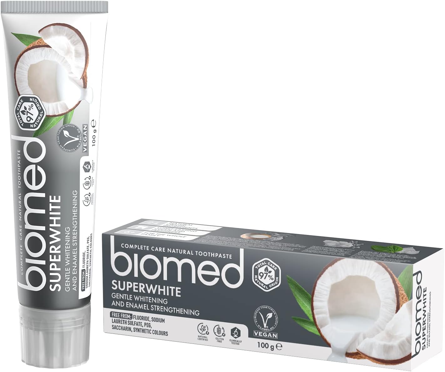 Pasta de dientes blanqueadora 97 % natural Biomed Superwhite, Fortalecedora de esmalte, Sabor a coco, apto para veganos, sin SLES 100 g