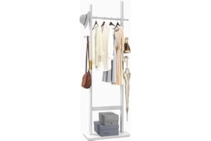 Aibiju Garderobenständer 180 cm mit Rechteckigem Sockel und 5 Haken, Kleiderständer Massivholz, sehr Stabiler Garderobenständer für Wohnzimmer Schlafzimmer Büro, Weiß YD-201