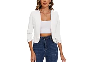 MINTLIMIT Womens Cropped Blazer Collarless Suits & Blazers Open Front Jackets 3/4 Ruched Sleeves Outerwear Half Linen Cardigan