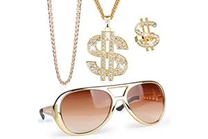 FLOFIA 4-er Set Dollar Kette Dollarzeichen Ring Rockstar Brille Rapper Set Schmuck Gangster 80er 90er Outfit Herren Kostüm Hiphop Schmuck Gold Millionär für Fasching Karneval