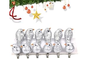 SNNER 12st Artificial Glitter-Vogel-Verzierung Clip auf Weihnachtsbaum Weihnachten Vogel-Verzierungen für Weihnachten Home-Partei-Dekorationen, Silber