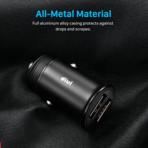 Caricabatteria auto USB 4.8A Caricatore adattatore universale 2 Porte Super Mini Alluminio macchina per iPhone, iPad, Tablet, Smartphone e gli altri dispositivi USB (Nero) (1 confezione)