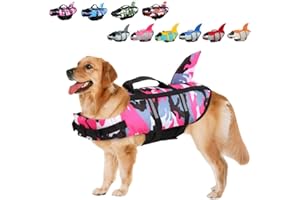 ACURYX Giubbotti Di Salvataggio Per Cani Giubbotto Squalo Salvagente Per Animali Domestici Salvagente Gilet con Manico e Riflettente Per Cani Piccoli, Medi e Grandi, Taglia Regolabile Mimetico Rosa XS