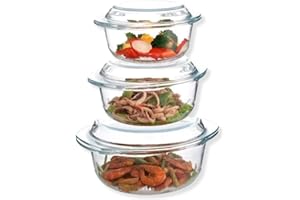 HOUSETRONICS WISH CLICK DONE Housetronics Set of 3 Glass Round Casserole Oven Dishes with Lid, Borosilicate Glass, Freezer & Microwave Safe, Scratch & Thermal Shock Resistant, Easy-Grip Handles (1/1.5/2.5 Ltr)