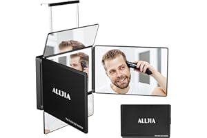 ALLJIA 5 Way Large Lighted Mirror Self Hair Cutting for Man - Adjustable Telescoping Hooks - 360 Barber Mirror for Back of Head Hair Cut and Self Grooming, Wall Mouted Makeup Mirror with Lights for Women