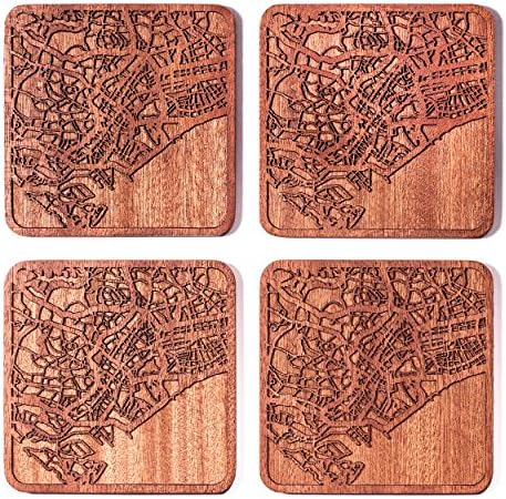 Singapore Map Coaster, Set of 4, Sapele Wooden Coaster with City Map, Handmade